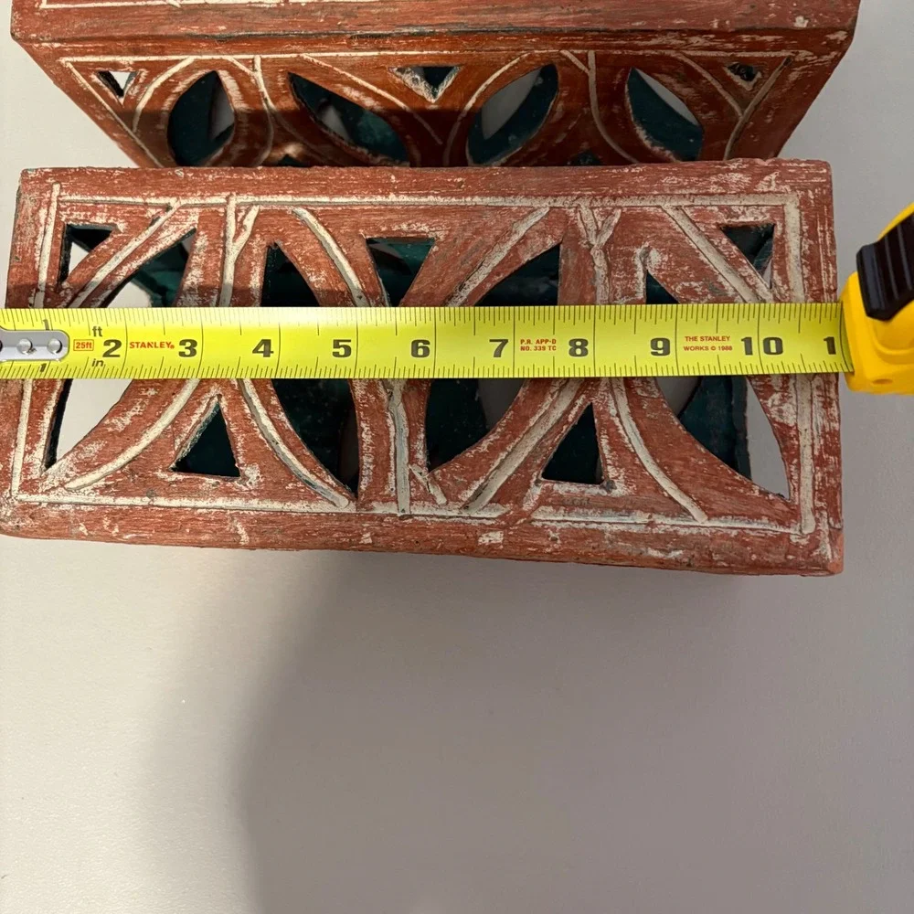 Terracotta Geometric‎ Lattice Candle Lanterns Pair Rustic Teal Interior 10.5in